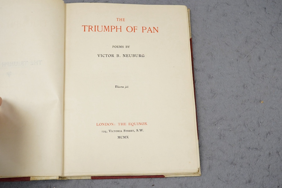 Neuberg, Victor, B. - The Triumph of Pan, London, The Equinox, 1910, 10 of 30 copies on Japanese vellum signed and numbered by the author, presentation inscription from the author to Edward Scott of Hove, 1911.